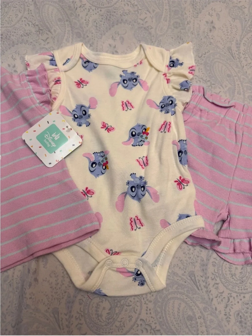 Disney Baby Infant 3 piece shorts outfit featuring baby Stitch and Scrump